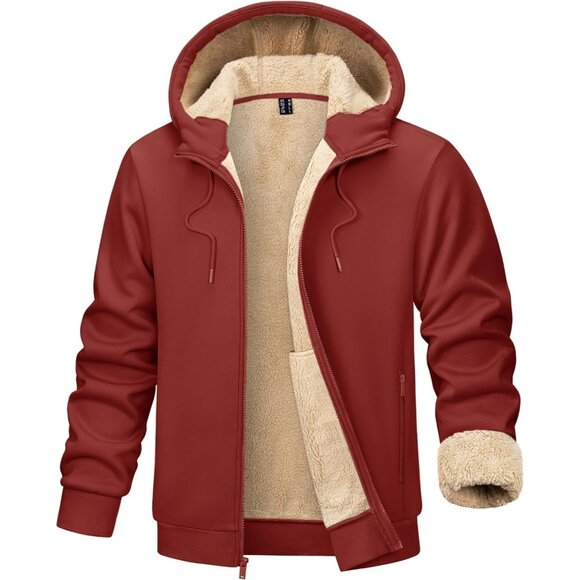 Mens Winter Hoodie Full Zip Fleece Sherpa Lined Warm Red Casual Sweatshirt - Picture 1 of 6